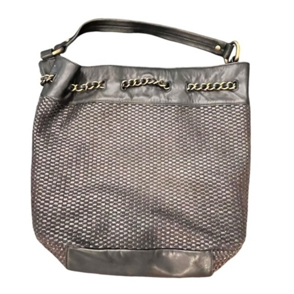 TALBOTS TOTE BAG‎ Basket Weave Faux Leather Chain Detailing Preppy Boho Euc